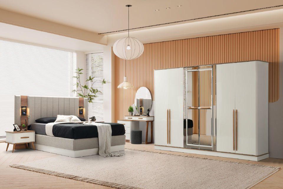 NOVA YATAK ODASI Gardırop + Şifonyer & Ayna + 2 Komodin + Başlık