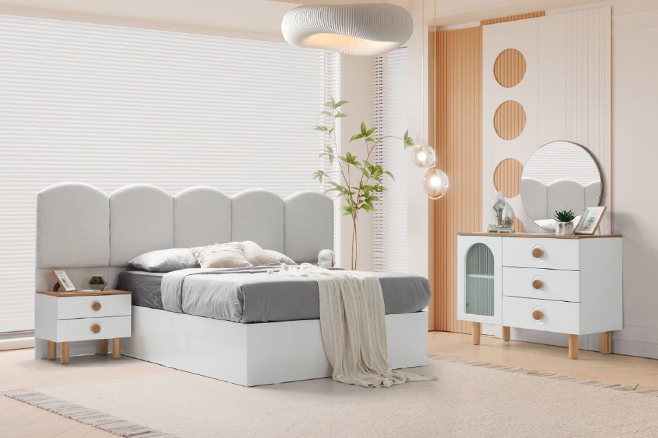 NOVA YATAK ODASI Gardırop + Şifonyer & Ayna + 2 Komodin + Karyola & Başlık