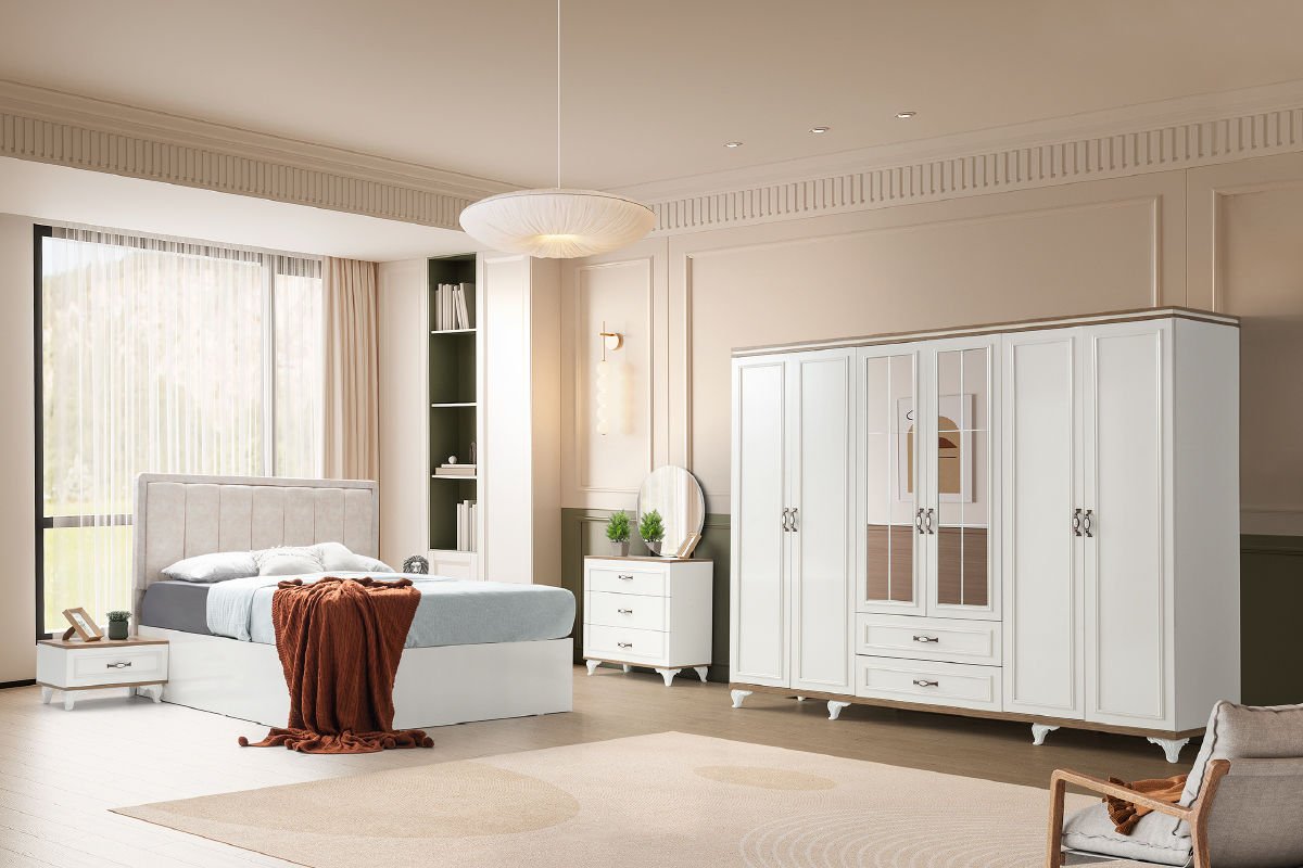 ÇINAR 6 KAPILI YATAK ODASI Gardırop + Şifonyer & Ayna + 2 Komodin + Başlık