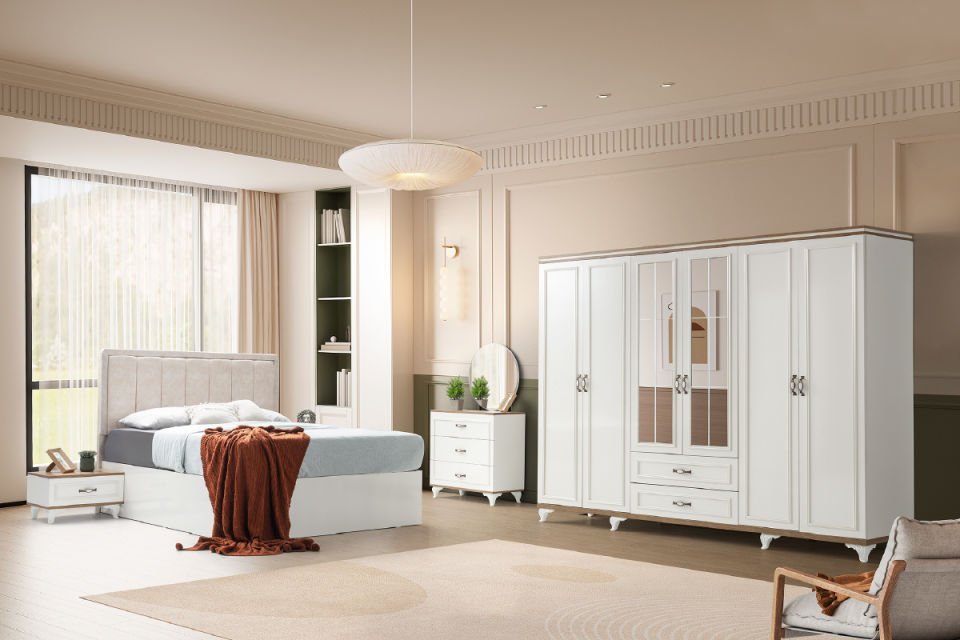 ÇINAR 6 KAPILI YATAK ODASI Gardırop + Şifonyer & Ayna + 2 Komodin + Başlık