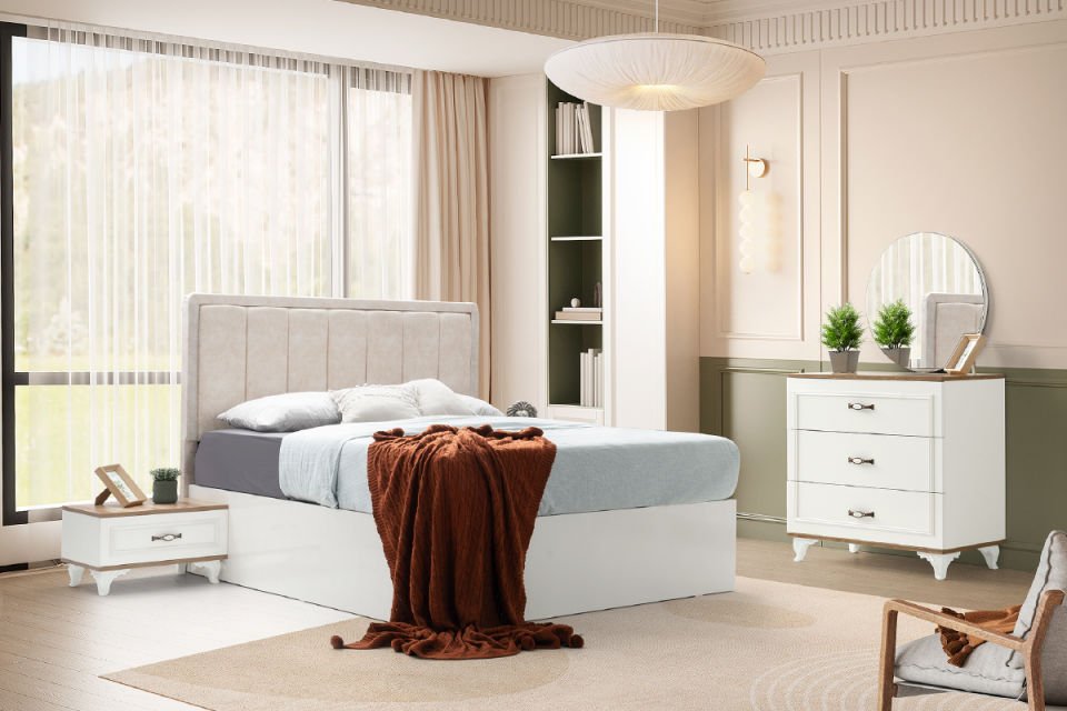 ÇINAR 6 KAPILI YATAK ODASI Gardırop + Şifonyer & Ayna + 2 Komodin + Karyola & Başlık